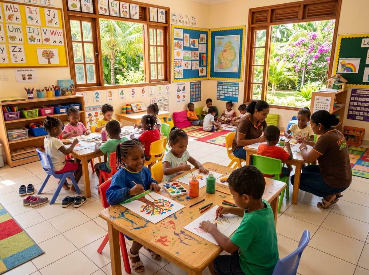 Mauritius preschool classroom with young children painting and drawing in a safe space