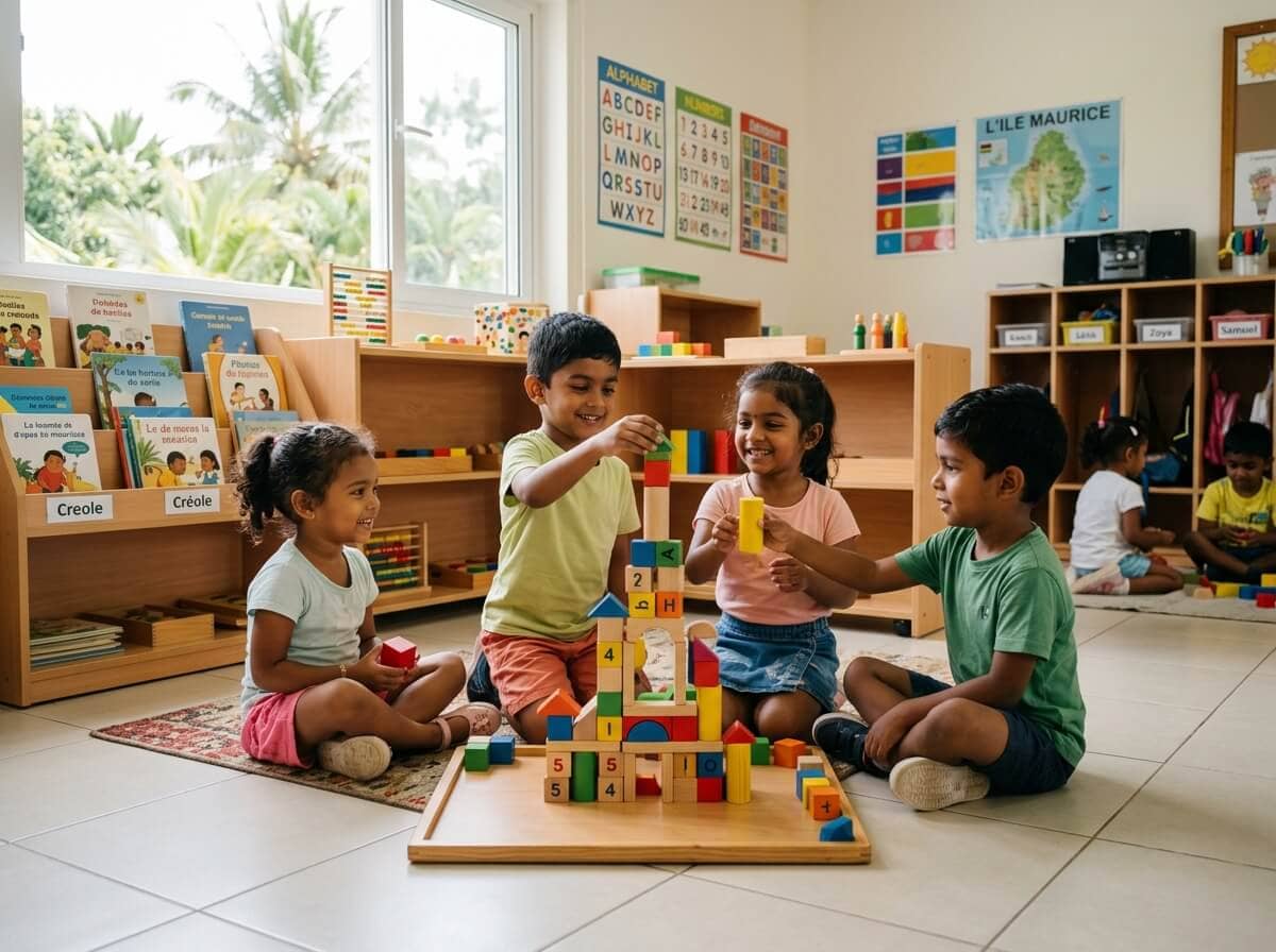 Young children building blocks in a clean pre-primary classroom in Mauritius