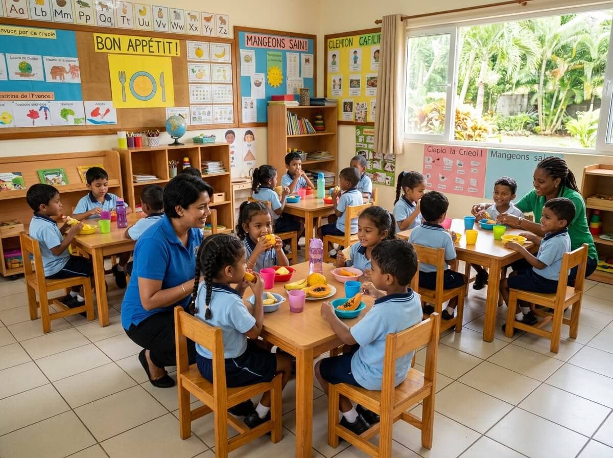 Pre-primary classroom snack time in Mauritius with calm nurturing atmosphere